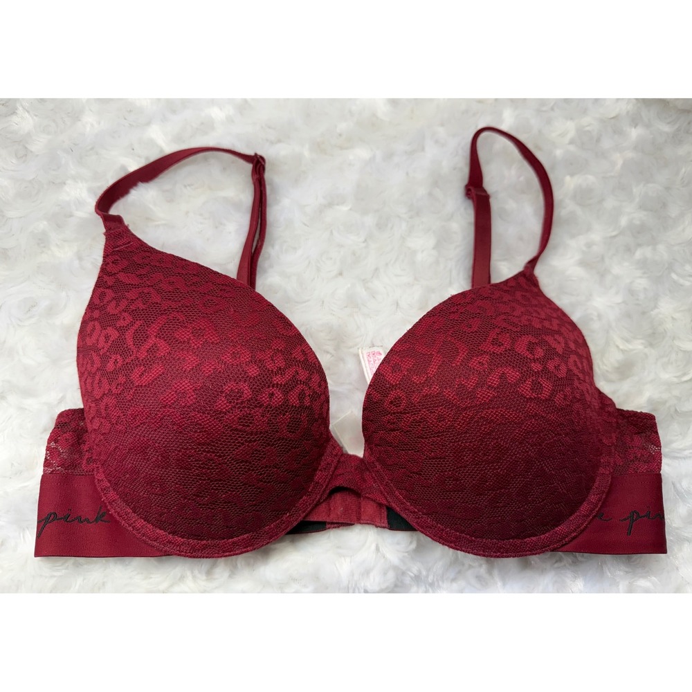 Victoria's Secret PINK Wear Everywhere Push-Up Bra Burgundy Leopard Lace 34B‎